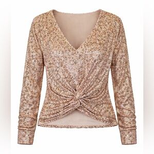 Cable & Gauge Gold Sequin Twist Front Blouse